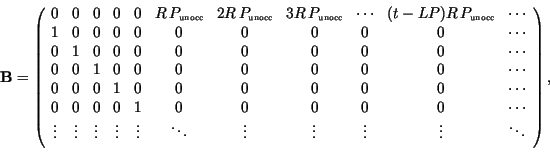\begin{displaymath}
\textbf{B} = \left( \begin{array}{ccccccccccc}
0 & 0 & 0 &0...
...ts & \vdots & \vdots & \vdots & \ddots\\
\end{array}\right),
\end{displaymath}